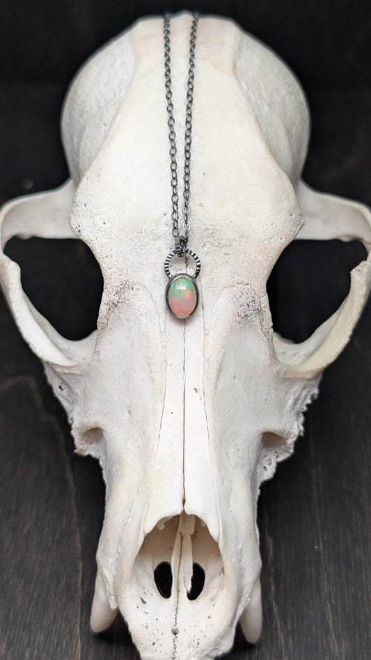 Mini Ethiopian Opal Oval Textured Sterling Silver Necklace