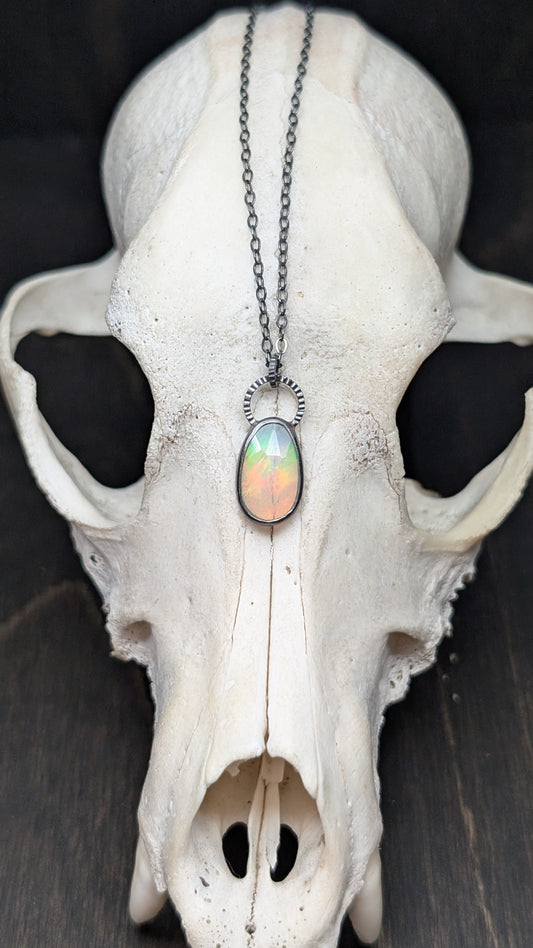 Ethiopian Opal Rose Cut Oval Textured Sterling Silver Necklace