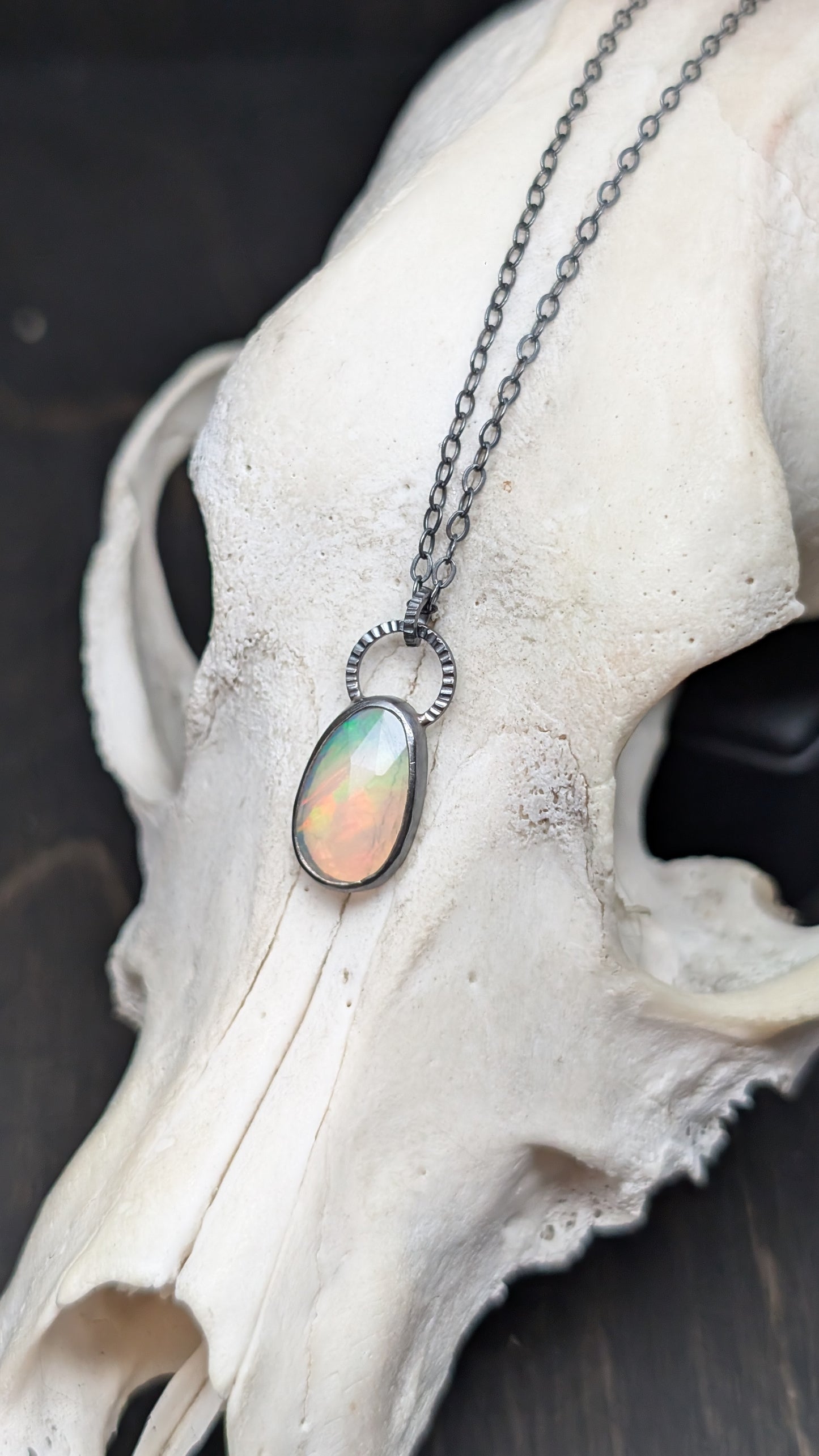 Ethiopian Opal Rose Cut Oval Textured Sterling Silver Necklace