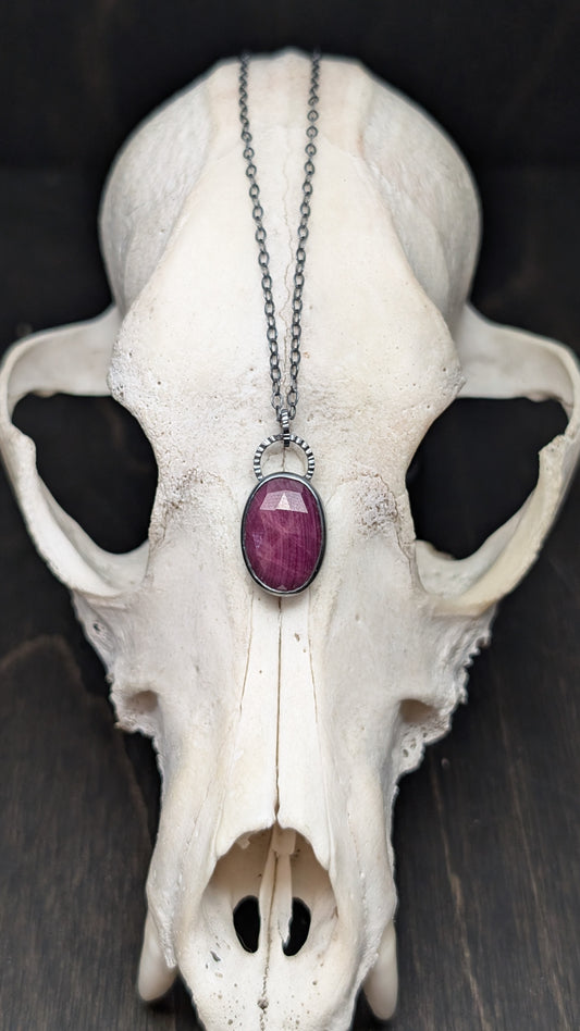 Oval Ruby Textured Sterling Silver Necklace