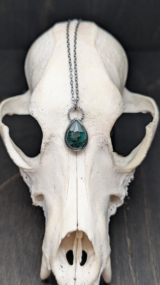 Emerald Teardrop Textured Sterling Silver Necklace