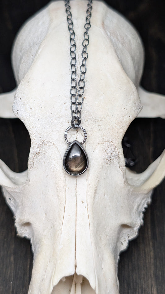 Black Star Sapphire Teardrop Textured Sterling Silver Necklace