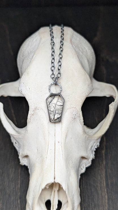 Black Tourmalated Quartz Coffin Textured Sterling Silver Necklace