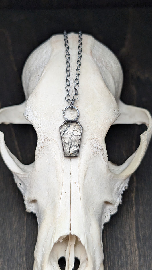 Black Tourmalated Quartz Coffin Textured Sterling Silver Necklace