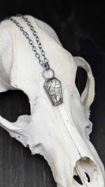 Black Tourmalated Quartz Coffin Textured Sterling Silver Necklace