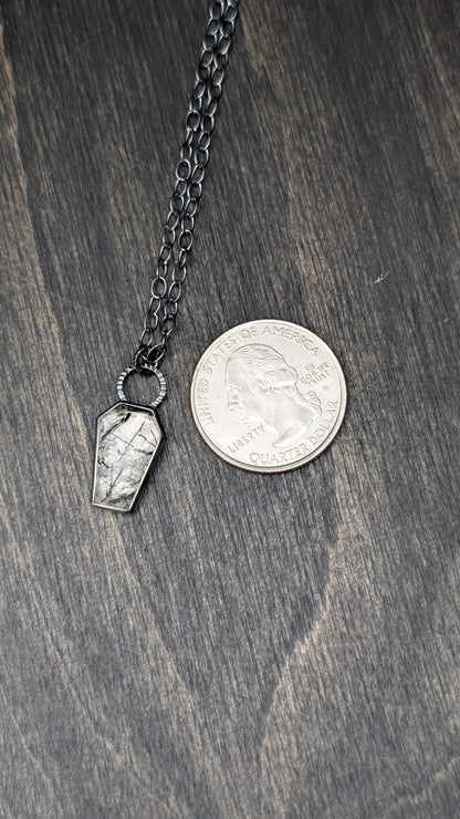 Black Tourmalated Quartz Coffin Textured Sterling Silver Necklace