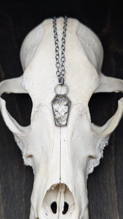 Black Tourmalated Quartz Coffin Textured Sterling Silver Necklace