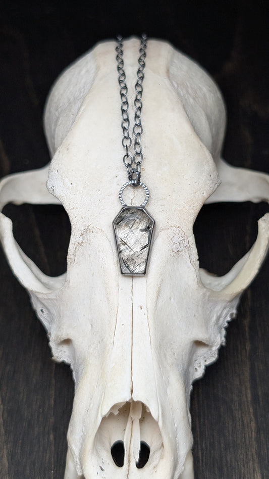 Black Tourmalated Quartz Coffin Textured Sterling Silver Necklace
