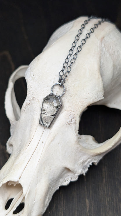 Black Tourmalated Quartz Coffin Textured Sterling Silver Necklace