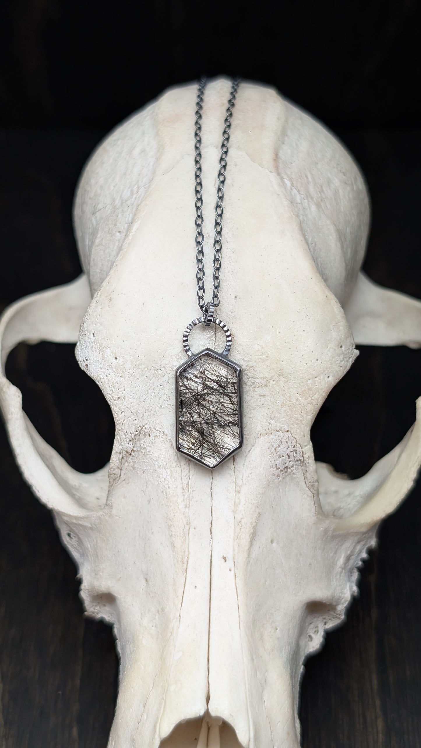 Black Tourmalated Quartz Tablet Textured Sterling Silver Necklace