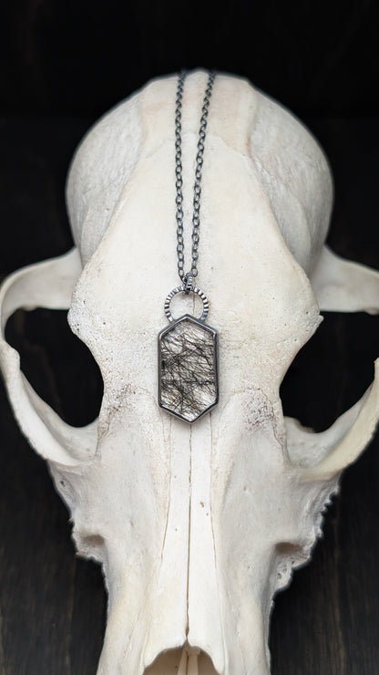 Black Tourmalated Quartz Tablet Textured Sterling Silver Necklace