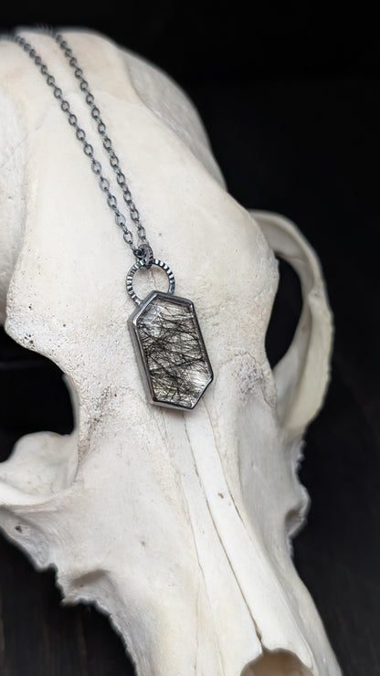 Black Tourmalated Quartz Tablet Textured Sterling Silver Necklace