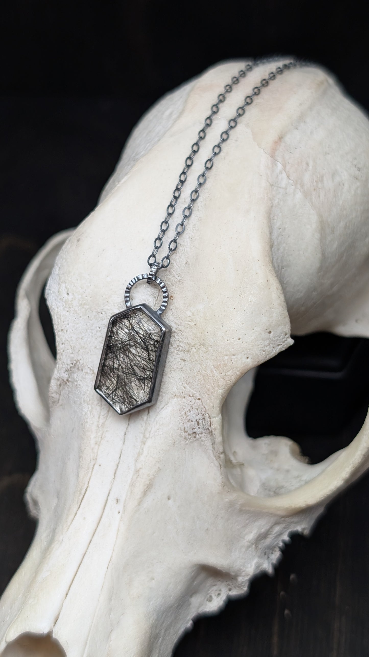Black Tourmalated Quartz Tablet Textured Sterling Silver Necklace