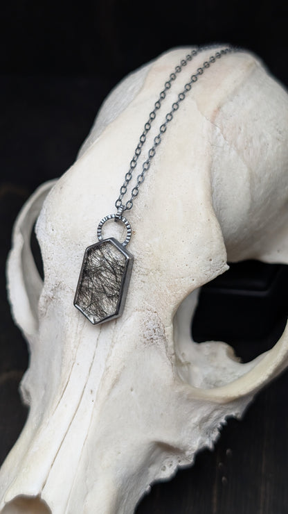 Black Tourmalated Quartz Tablet Textured Sterling Silver Necklace