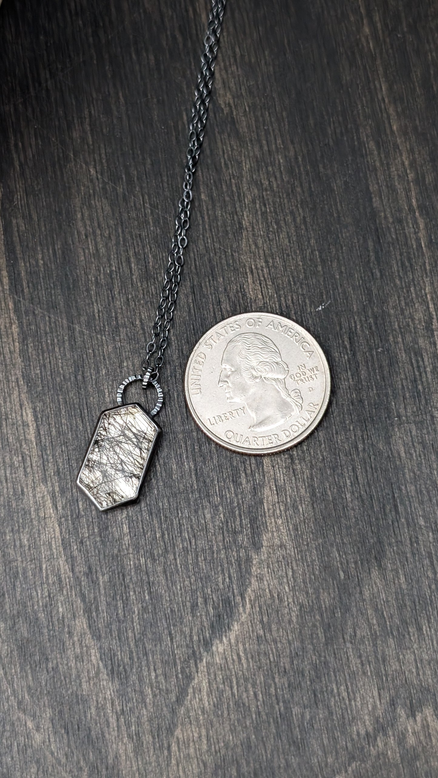 Black Tourmalated Quartz Tablet Textured Sterling Silver Necklace