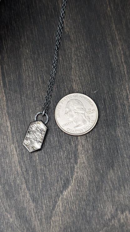 Black Tourmalated Quartz Tablet Textured Sterling Silver Necklace