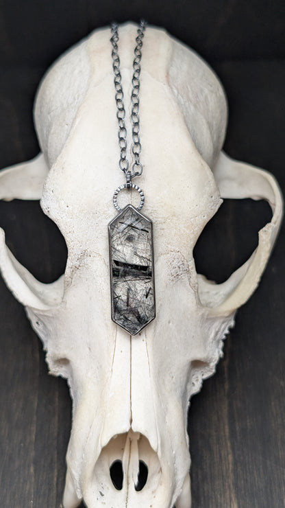 Black Tourmalated Quartz Tablet Textured Sterling Silver Necklace