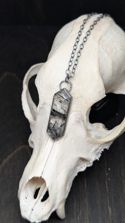 Black Tourmalated Quartz Tablet Textured Sterling Silver Necklace