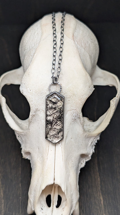 Black Tourmalated Quartz Tablet Textured Sterling Silver Necklace