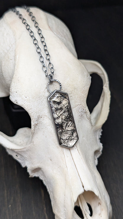 Black Tourmalated Quartz Tablet Textured Sterling Silver Necklace