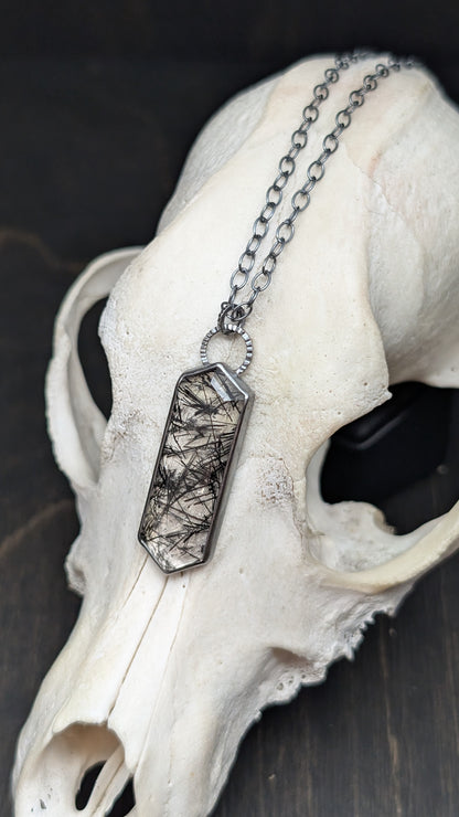 Black Tourmalated Quartz Tablet Textured Sterling Silver Necklace