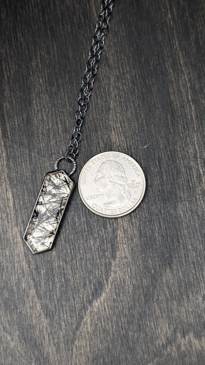 Black Tourmalated Quartz Tablet Textured Sterling Silver Necklace