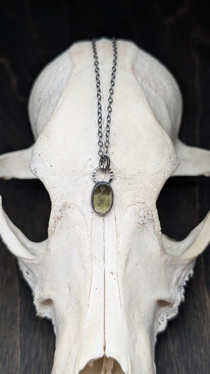 Mini Moldavite Facted Oval Textured Sterling Silver Necklace