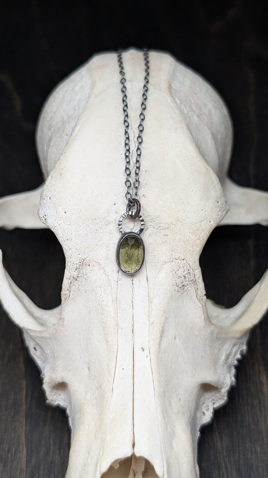 Mini Moldavite Facted Oval Textured Sterling Silver Necklace