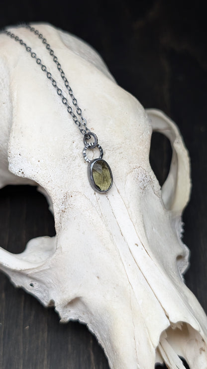 Mini Moldavite Facted Oval Textured Sterling Silver Necklace