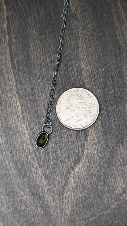 Mini Moldavite Facted Oval Textured Sterling Silver Necklace
