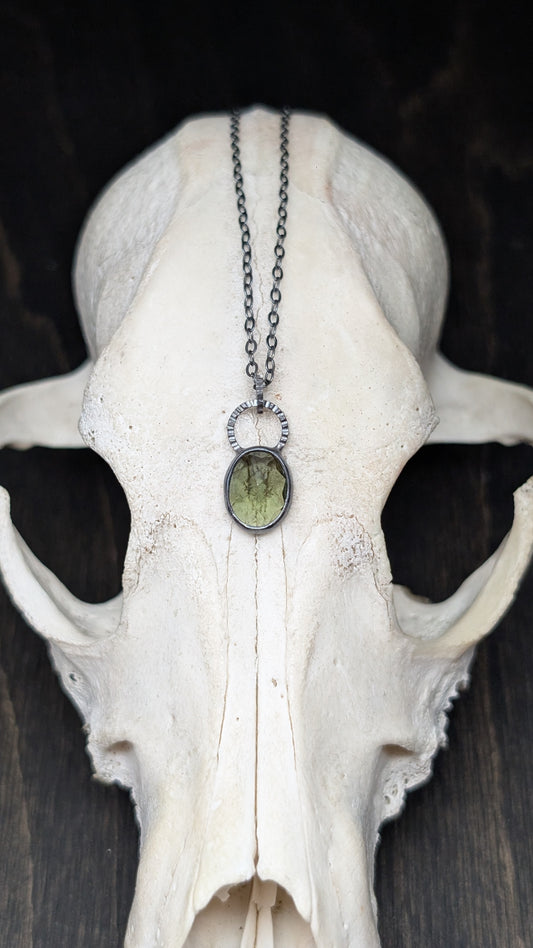 Small Moldavite Facted Oval Textured Sterling Silver Necklace