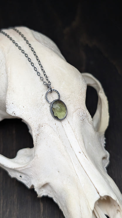 Small Moldavite Facted Oval Textured Sterling Silver Necklace