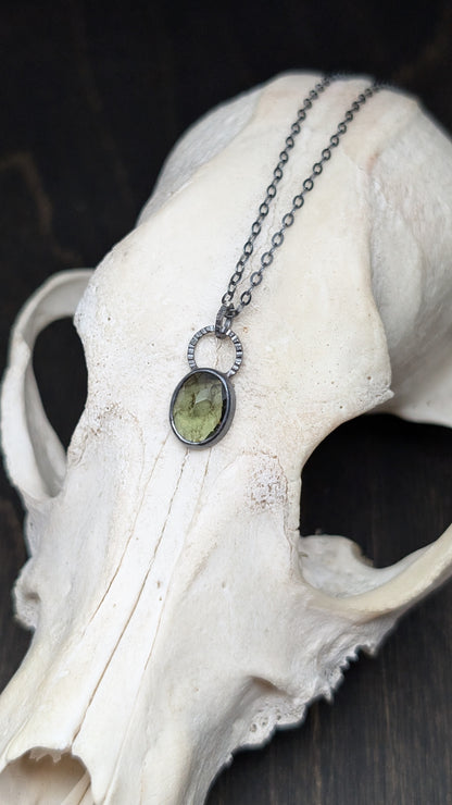 Small Moldavite Facted Oval Textured Sterling Silver Necklace