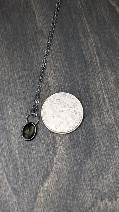 Small Moldavite Facted Oval Textured Sterling Silver Necklace