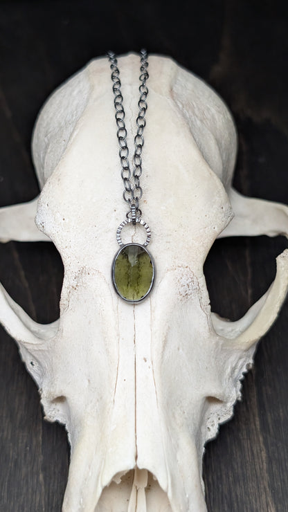 Moldavite Facted Oval Textured Sterling Silver Necklace