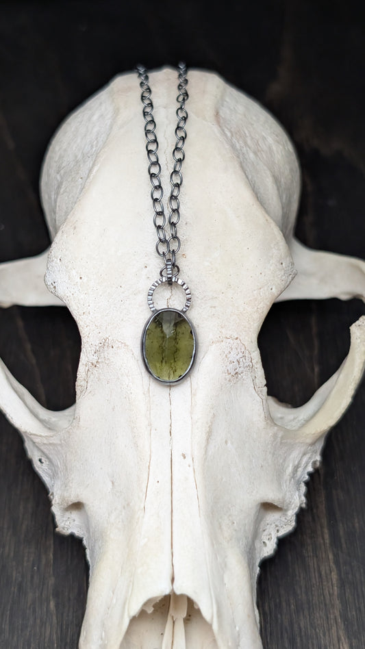 Moldavite Facted Oval Textured Sterling Silver Necklace