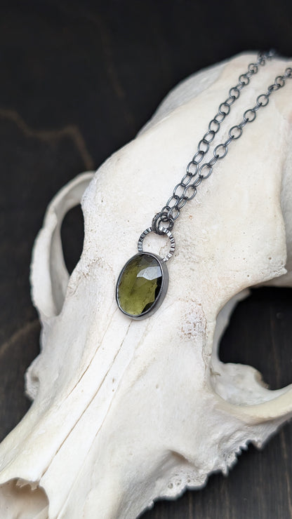 Moldavite Facted Oval Textured Sterling Silver Necklace