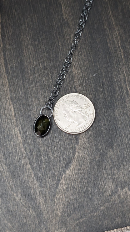 Moldavite Facted Oval Textured Sterling Silver Necklace