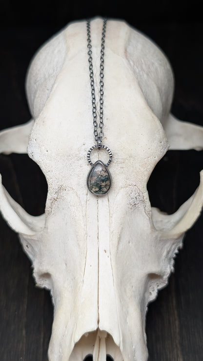 Mini Teardrop Moss Agate Teardrop Textured Sterling Silver Necklace