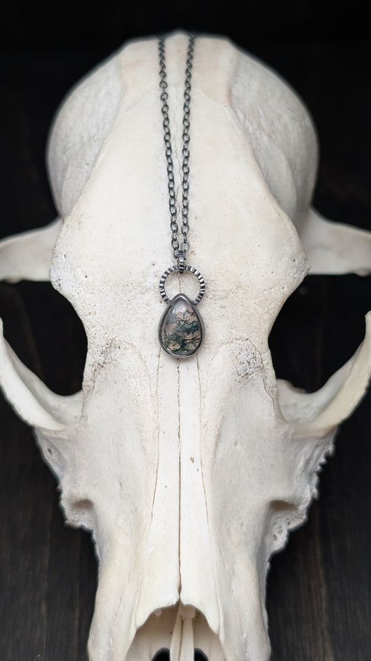 Mini Teardrop Moss Agate Teardrop Textured Sterling Silver Necklace