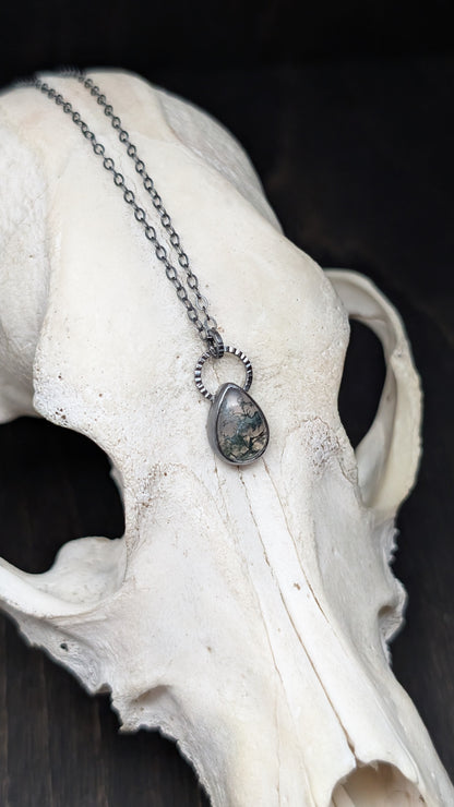 Mini Teardrop Moss Agate Teardrop Textured Sterling Silver Necklace