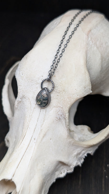 Mini Teardrop Moss Agate Teardrop Textured Sterling Silver Necklace