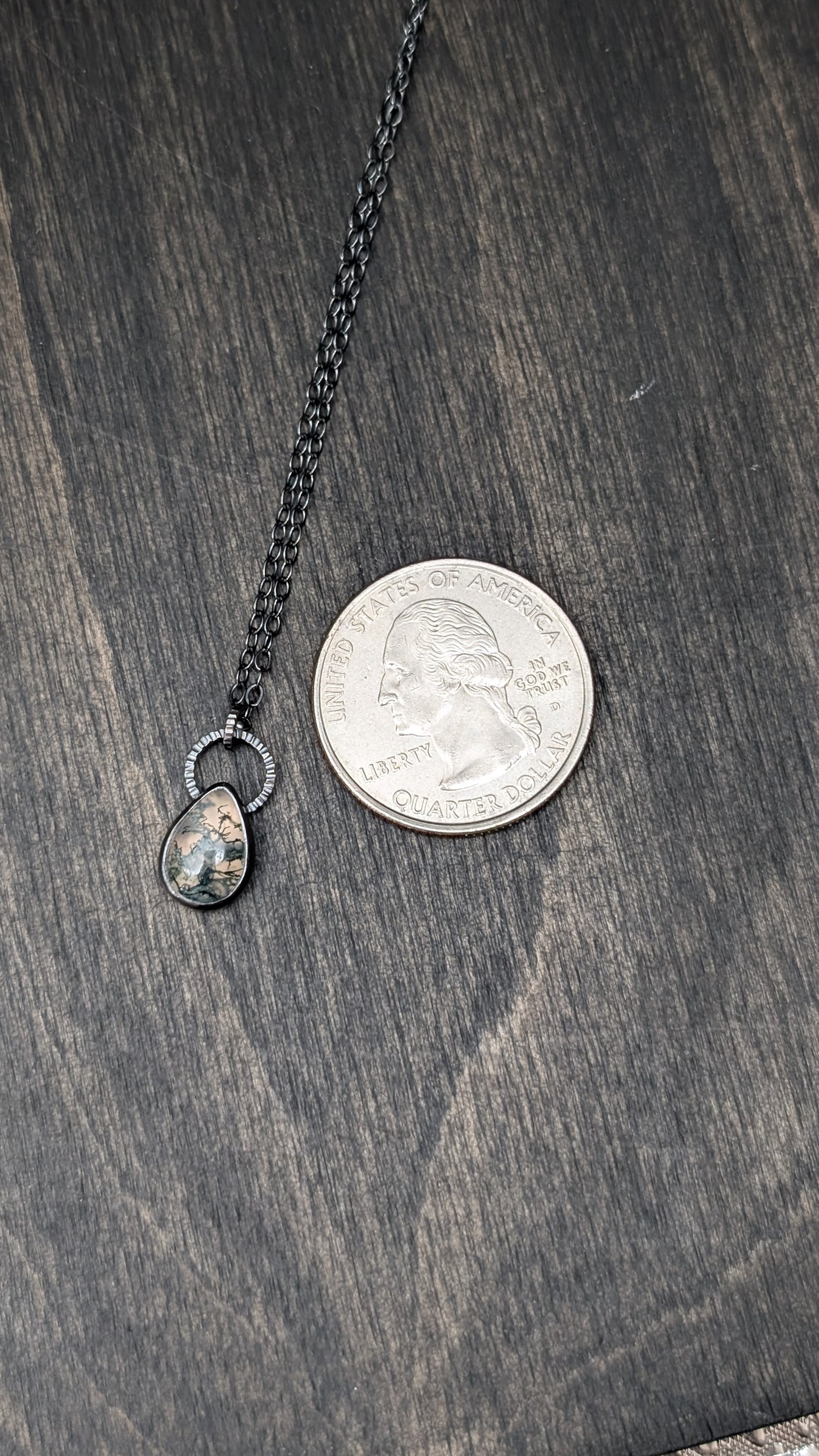 Mini Teardrop Moss Agate Teardrop Textured Sterling Silver Necklace