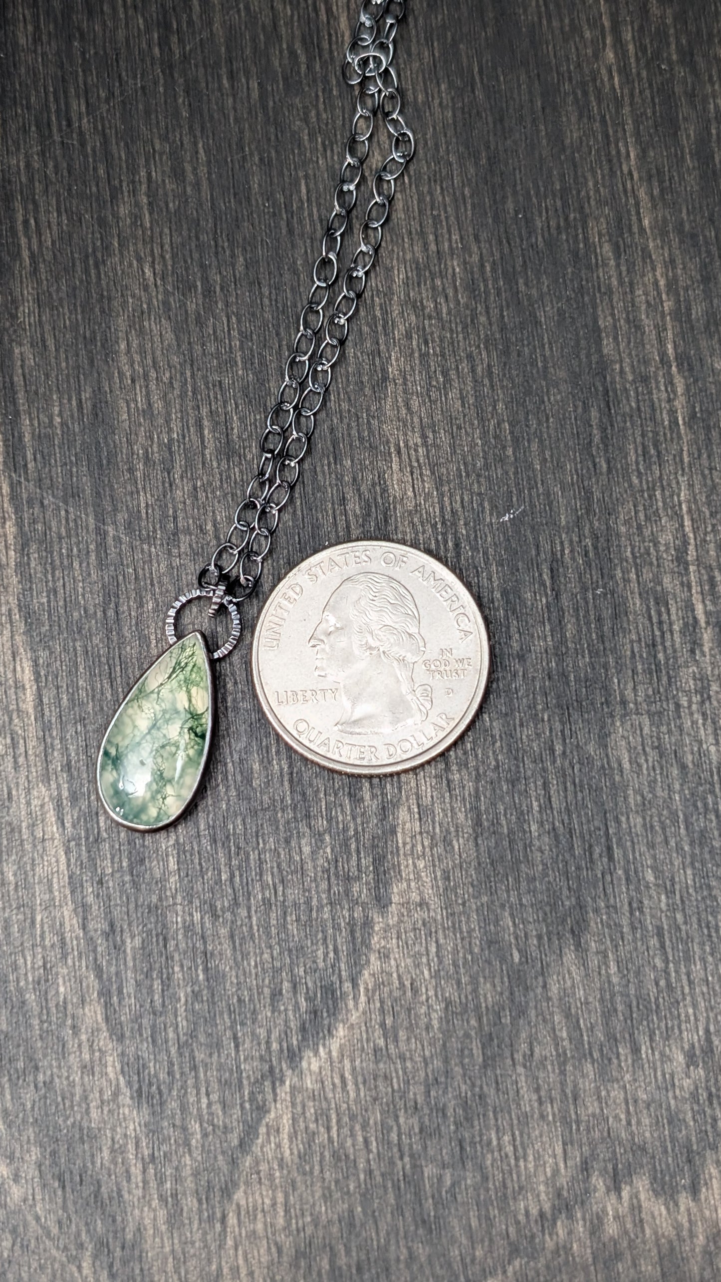Moss Agate Smooth Teardrop Textured Sterling Silver Necklace