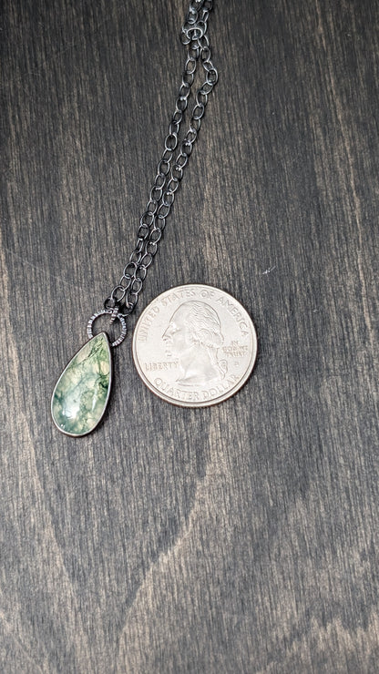 Moss Agate Smooth Teardrop Textured Sterling Silver Necklace