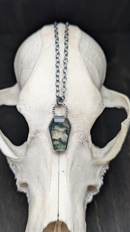 Moss Agate Coffin Textured Sterling Silver Necklace