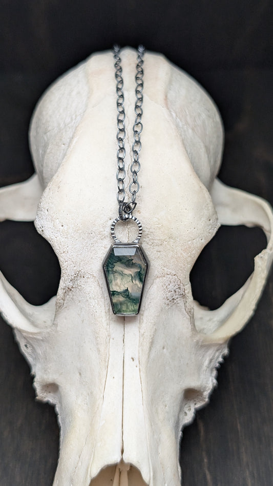 Moss Agate Coffin Textured Sterling Silver Necklace