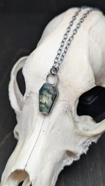 Moss Agate Coffin Textured Sterling Silver Necklace