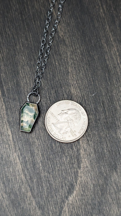 Moss Agate Coffin Textured Sterling Silver Necklace
