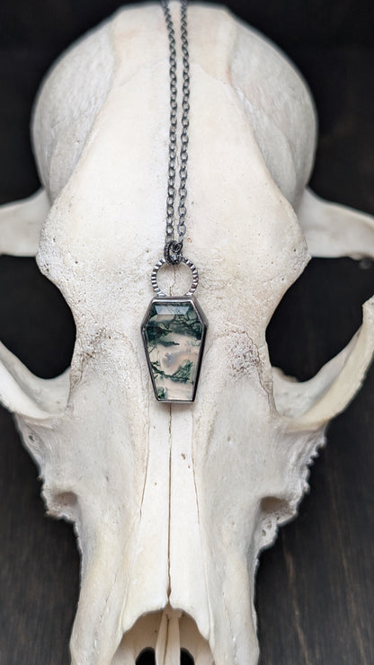 Moss Agate Coffin Textured Sterling Silver Necklace